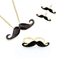 Mustache Jewelry Set - Necklace with Mustache Pendant, Mustache Earrings and Double Mustache Ring. The Retro Jewelry Set 4 Pieces