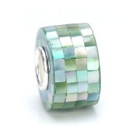 Bella Fascini Shades of Green Mother of Pearl Mosaic Shell Bead, Sterling Silver Core fits Pandora Chamilia Style Charm Bracelet