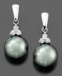 Unique style you'll love. These intriguing earrings feature tahitian cultured pearl (8 mm) and round-cut diamonds (1/8 ct. t.w.) set in 14k white gold. Approximate drop: 1/2 inch.