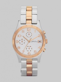 A classic chronograph dial with rose gold accents and bracelet link strap.Quartz movement Water resistant to 3 ATM Logo engraved rose gold bezel Light silver chronograph dial Arabic numeral hour markers Date display at 3 o'clock Second hand Stainless steel and rose gold link bracelet, 18mm, (.71) Imported 