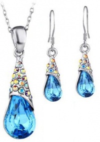 Arco Iris Rain Drop Swarovski Elements Crystal Pendant Necklace And Earrings Set for Women W White Gold Plated Chain - Blue Topaz