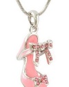 Trendy Pink Enamel High Heel Shoe Charm Necklace with Crystal Ribbon and Bow Accents - Silver Plated