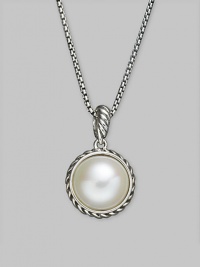 A traditional pearl goes modern with this sterling silver, cable-wrapped pendant on a silver chain. White freshwater pearl Sterling silver Chain length, about 18 Pendant diameter, about ½ Lobster clasp Imported