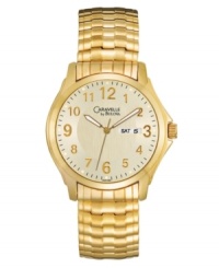 Known for your classic good taste. Watch by Caravelle by Bulova crafted of gold tone stainless steel bracelet and round case. Champagne dial features applied gold tone numerals, minute track, day and date window at three o'clock, luminous hands and logo. Quartz movement. Water resistant to 30 meters. Two-year limited warranty.