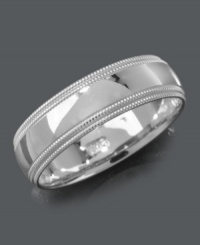 Effortless style to complement any ensemble. Men's ring features a shiny surface with intricate bead detailing at the edges. Set in 14k white gold. Sizes 6-13.