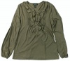 Lauren Jeans Co. Women's Long Sleeve Ruffled Henley Shirt (Loden Heather Green) (Large)