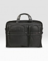 A slim, organized brief case for large screen laptops (up to 17). Separate cushioned laptop compartment Removable accessory pouch Interior pockets and elastic organizer panel Carry handles and removable, adjustable shoulder strap Add-a-bag sleeve for attaching to other cases Tumi Tracer Protection Ballistic nylon 13½H X 17½W X 3½D Imported