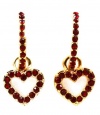 Small Crystal Half Hoop With Dangling Dark Red Crystal Open Heart Charm Earrings