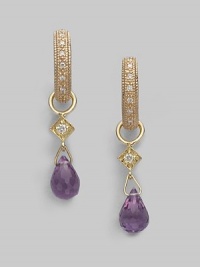 18K white gold shimmers with a diamond accent and vibrant amethyst briolette drop.Diamond, 0.03 tcw Amethyst 18K yellow gold Length, about ½ Imported Please note: Hoop earrings sold separately. 