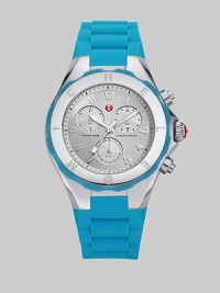 From the Tahitian Jelly Bean Collection. A fun and colorful design with technical appeal. Quartz movementWater resistant to 5 ATMRound stainless steel case, 40mm (1.6)Logo etched bezelSilver chronograph dialNumeric hour markersSecond hand Blue silicone strapImported