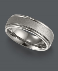 Don't sacrifice comfort for style when you can have both. Triton men's ring features a smooth fit and chic, edged design in hypoallergenic titanium. Approximate band width: 7 mm. Sizes 8-15.