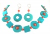 Gorgeous and Chunky Aqua Blue and Orange Abstract Necklace and Earrings Set Silver Tone