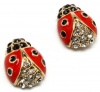 Precious Crystal Accented Small 1/2 Red and Black Enamel Ladybug Stud Earrings Gold Plated