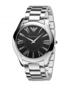 Sleek and masculine, this handsome watch by Emporio Armani commands attention with timeless styling. Stainless steel bracelet and round case. Black dial features silvertone Roman numerals, angular hands and logo. Quartz movement. Water resistant to 30 meters. Two-year limited warranty.