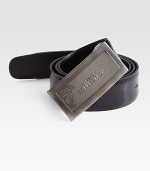 Stamped Italian leather with signature logo buckle.Patent leatherAbout 1 wideMade in Italy