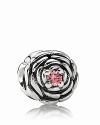 Pandora's delicately carved sterling silver rose charm features a sparking salmon zirconia center.