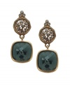 Beautiful briolette-cut colored crystals are adorned by ornate scroll disks with glittering crystal accents on these divine drop earrings from T Tahari. Set in antique gold tone mixed metal. Approximate drop: 1-1/2 inches.