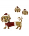 Here comes Santa paws. This brooch and stud earrings set from Betsey Johnson is crafted from antique gold-tone mixed metal with glass and glitter accents to capture the spirit of the holidays. Approximate pin length: 1-3/4 inches. Approximate pin width: 2-1/4 inches. Approximate earrings length: 5/8 inch. Approximate earrings width: 5/8 inch.