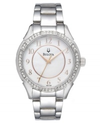 Magnificent details shine on this luminous watch from Bulova. Stainless steel bracelet and round case. Bezel embellished with crystal accents. White mother-of-pearl dial features applied rose gold tone numerals at markers, three rose gold tone hands and logo. Quartz movement. Water resistant to 30 meters. Three-year limited warranty.