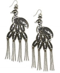 Strut your stuff in these industrial-inspired peacock earrings from Bar III. Burnished tones and a chandelier drop highlight a lovely silhouette. Crafted in burnished gold tone mixed metal. Approximate drop: 6 inches. Approximate width: 2-1/2 inches.