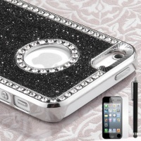 Pandamimi iphone 5 case - Deluxe Black Diamond Rhinestone Glitter Bling Chrome Hard Case Cover for Apple iPhone 5 5G + Screen Protector + Stylus