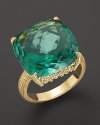 An elegant 18K gold ring with cushion cut green quartz. By Judith Ripka.