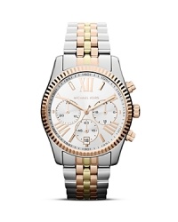 A substantial style from Michael Kors, this two-tone bracelet watch works an Upper East Side sophistication, designed with chronograph movement and a textured top ring.