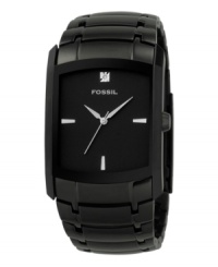 No frills, just inarguable style. This sleek Diamond collection watch from Fossil watch features a handsome black ion-plated bracelet and case, with a black dial and single diamond marker. three-hand movement.