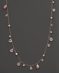 Faceted teardrops of rose quartz and pink shell mingle with freshwater pearls on this long, elegant 14K yellow gold chain.