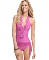 Sweetly stylish, this Be Creative tankini is ultra-feminine with chiffon ruffles, bow tie and plunging V-neckline! (Clearance)