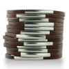 MULTI SPLIT LEATHER W/METAL BRN Brown Shredded Leather and Silver Tone Accented Cuff Bracelet