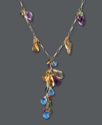 Accentuate your neckline with a dazzling rainbow of color. Effy Collection's stunning y-shaped necklace features a plentiful array of gemstones including lemon quartz (11-1/3 ct. t.w.), amethyst (9-9/10 ct. t.w.), citrine (14 ct. t.w.), blue topaz (13-3/8 ct. t.w.), tourmaline (9-1/10 ct. t.w.), garnet (9/10 ct. t.w.) and peridot (5/8 ct. t.w.). Set in 14k gold. Approximate length: 16 inches. Approximate drop: 2 inches.