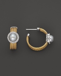 Charriol Classique Stainless Steel and Yellow PVD Hoop Earrings with Pearl and Diamonds, 0.18 ct. t.w.