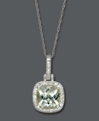 A pop of pastel creates a fresh look for spring. Square-cut green quartz (1-5/8 ct. t.w.) sparkles within a halo of round-cut diamonds (1/6 ct. t.w.). Setting and chain crafted in 14k white gold. Approximate length: 18 inches. Approximate drop: 3/4 inch.