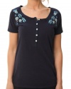 Lucky Brand Women's Embroidered Half Button Down SS Blouse Navy Blue