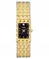 With a beautifully woven bracelet in matte and polished mixed metal, this beautiful watch from Caravelle by Bulova gives off a radiant glimmer. Goldtone mixed metal bracelet and rectangular case. Rectangular black dial with crystal accent, logo and stick indices. Quartz movement. Water resistant to 30 meters. Two-year limited warranty.