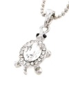 Cute Silver Plated Mini 3-D Turtle Charm Necklace with Austrian Crystals For Girls, Tweens, Teens