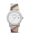 Freshen up your face with this stainless steel watch from Burberry, accented by a check stamped dial. With Swiss movement and a slim profile, this understated style is a functional day-to-day choice.