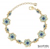 European Inspired Star Shaped Flower Bracelet by Lucia Costin with Blue, Mint Blue Swarovski Crystals, Leaf Details and 6 Petal Middle Flowers; 24K Yellow and Pink Gold Plated over .925 Sterling Silver; Handmade in USA