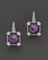 Brilliant purple crystal is framed with four petite hearts on these cushion stone earrings from Judith Ripka.