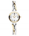 A twist of fashion with added sparkle, by ESQ by Movado. Goldtone & silvertone stainless steel bracelet and round case. Goldtone bezel. White mother of pearl dial with logo, roman numerals and diamond accents at indices. Quartz movement. Water resistant to 30 meters. Two-year limited warranty.