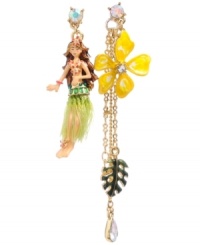 Don't forget the sunscreen! Betsey Johnson's Hawaiian-inspired earrings feature a mismatched design with an adorable hula girl and a bright yellow flower. Crafted from gold-plated mixed metal with bright enamel and sparkling crystal accents. Approximate drops: 2-1/5 inches, 3-1/3 inches.