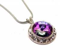 Large 20MM Pendant, Iridescent Rainbow Jewel Tone 'Vitrail' Light Violet, Blue & Green Color Swarovski Crystals; Adjustable 16-19 Inch Snake Chain Necklace (Tarnish Resistant Rhodium Coated)