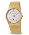 A sleek, pale goldtone men's watch from Skagen Denmark, with expert functionality everyday style. Goldtone stainless steel mesh bracelet and round case. Round white dial with subdial, date window, logo and numerical indices. Water resistant to 30 meters. Quartz movement. Ten-year limited warranty.