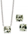 A fun and colorful update to your wardrobe, this matching pendant and earrings set features cushion-cut green quartz (5 ct. t.w.) set in sterling silver. Approximate length: 18 inches. Approximate drop (pendant): 1/4 inch. Approximate drop (earrings): 1/4 inch.