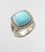 From the Moonlight Ice Collection. A beautiful turquoise center stone surrounded by dazzling diamonds sits atop a cable ring. Diamonds, .45 tcw Turquoise Blackened sterling silver Width, about ½ Imported 