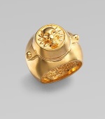 A radiant goldtone piece with a bold, signature skull center. Goldtone brassEmbossed skullWidth, about 1Made in Italy 