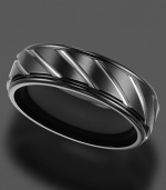 Strong, durable black titanium showcases silver tone etching on this sleek ring by Triton. 7 mm band. Sizes 8-15.