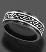 Add some spice to your look with this black and silvertone titanium ring. 8 mm bad. Sizes 8-15.