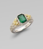 From the Estate Collection. An emerald-cut green quartz stone set in a textured sterling silver band, sparkling with white sapphires and accented in 18k gold.Green quartzWhite sapphireSterling silver18k goldDiameter, about ½Imported 